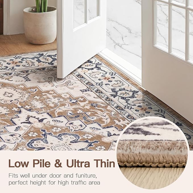 Lofus 2x5 Runner Rug for Hallways, Washable Kitchen Rugs, Non-Slip Rugs for Entryway and Bedroom, Vintage Boho Carpet, Soft Low Pile Long Runner Area Rug, Floral Brown