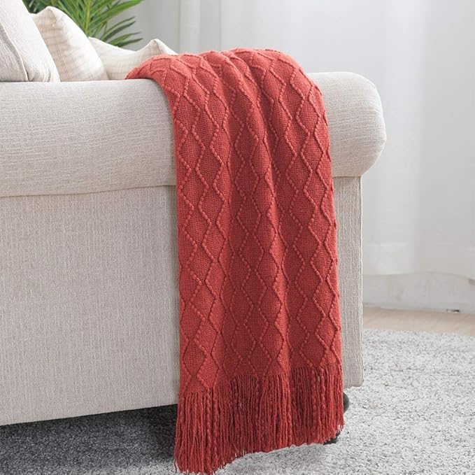 BOURINA Rust Throw Blanket 50 x90 Inches Textured Solid Soft Sofa Throw Bed Runner Knitted Decorative Blanket