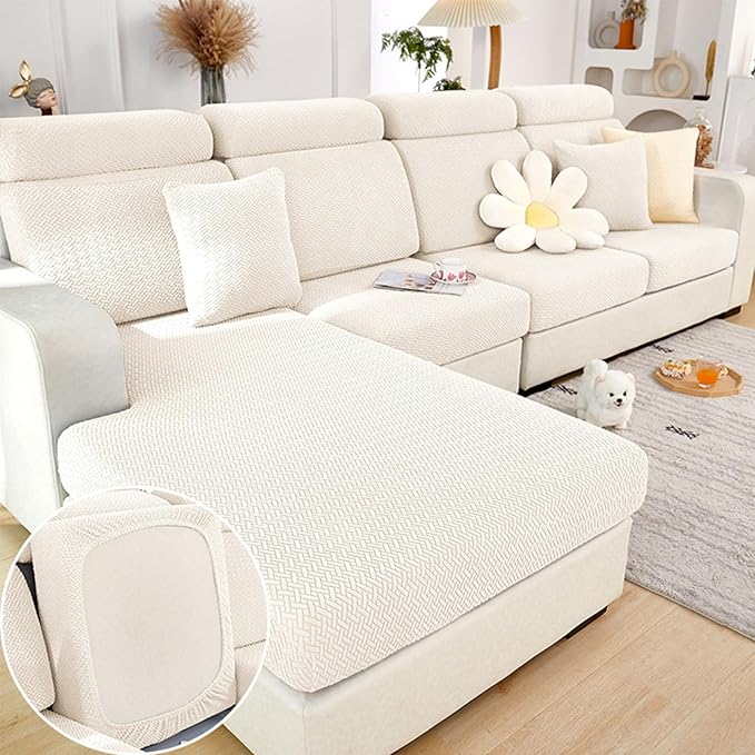 Couch Cushion Covers for Sofa Couch Covers Wear-Resistant Universal Sofa Cover Washable Stretch for Sectional Slipcovers (Texture-Cream White,Large Single Seat Cover)