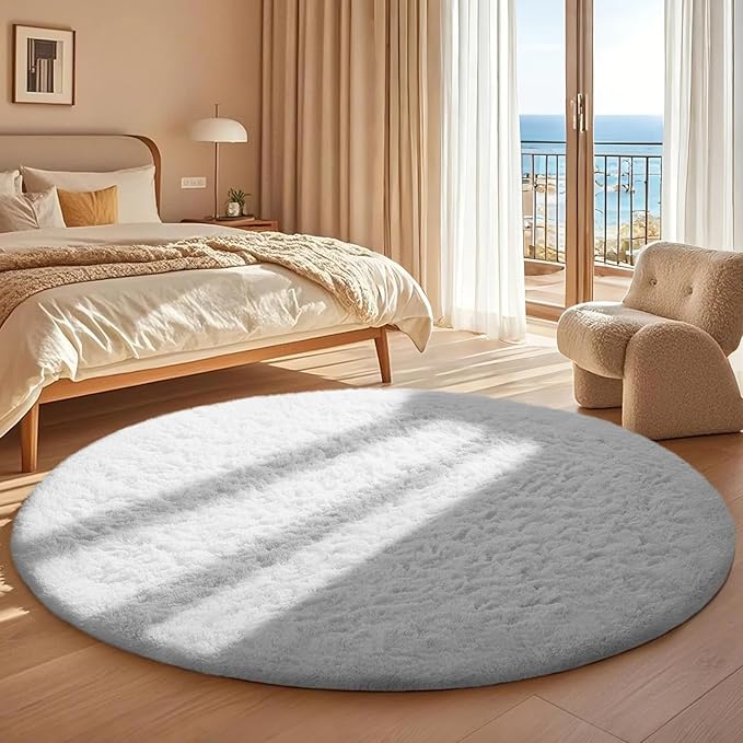 Ophanie White Round Rug 5Ft Circle Area Rug, Aesthetic Room Decor, Fluffy Fuzzy Bedroom Carpet, Plush Soft Shaggy Living Room Rugs for Kids Home Decor, Nursery