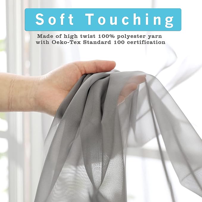 OWENIE Short Grey Sheer Curtains 36 Inches 2 Panels Set - Light Filtering Kitchen Tiers Rod Pocket Voile Cafe Curtains for Kitchen Bathroom Small Half Window, 42 in W x 36 in L, Grey