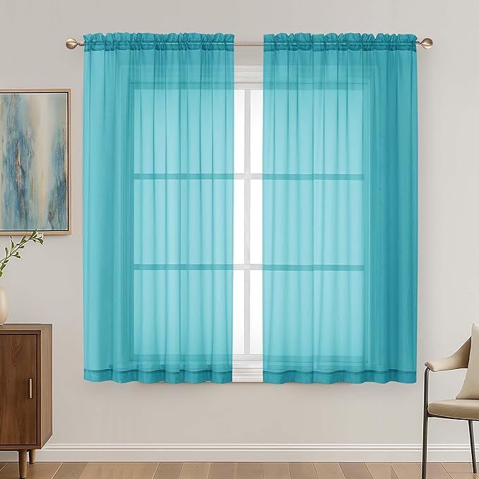 OVZME Turquoise Sheer Curtains 63 Inches Long 2 Panels Set, Light Filtering Sheer Curtains for Living Room Bedroom 59 Inch Extra Wide, Modern Voile Filmy Rod Pocket Window Drapes, 59Wx63L Inches