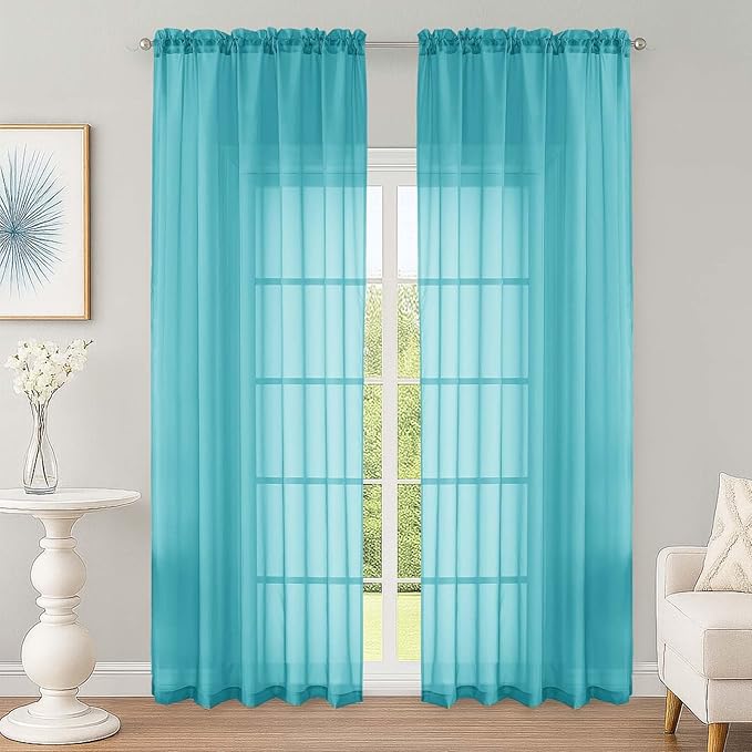 OWENIE Turquoise Sheer Curtain 90 Inches Long 2 Panels Set, Solid Filmy Drapes for Living Room Bedroom, Elegant Window Voile Sheer Curtain Panels Drapes, 2 Pcs, Each 59" Wx90 L Inch