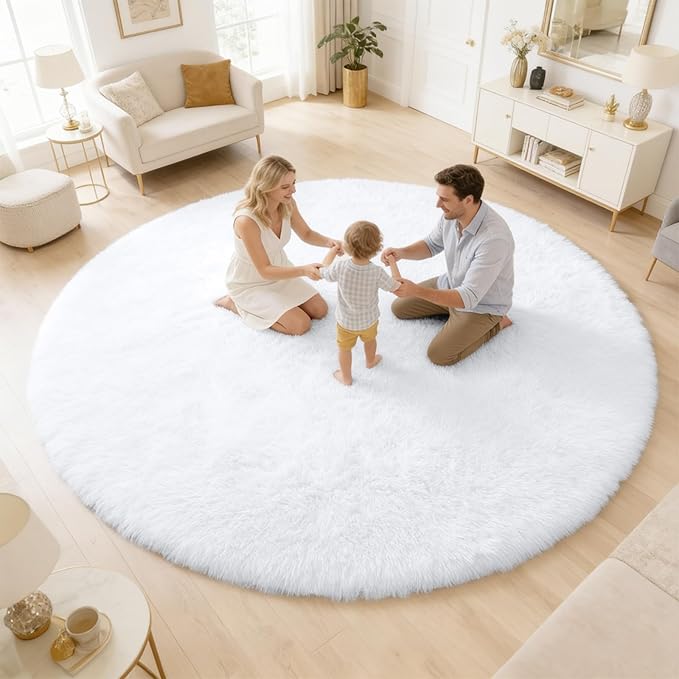 OLANLY White Round Rugs for Bedroom - Machine Washable, 6 ft Circle Area Rugs for Living Room, Soft and Fluffy Shaggy Carpet for Teen Girls and Boys, Nursery Rooms, Dorms, Home Decor Aesthetic