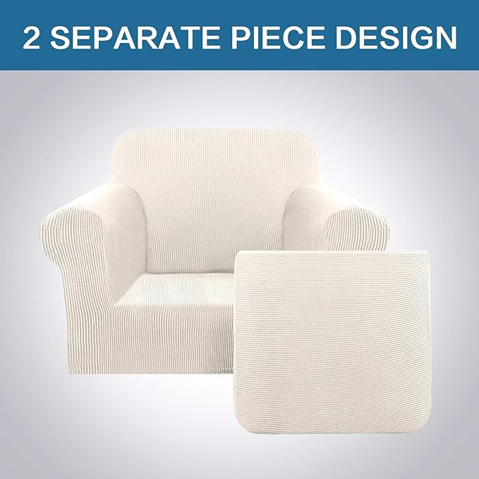H.VERSAILTEX 2-Pieces Armchair Cover Chair Slipcovers with Arms Furniture Protector Cover Fit Width Up to 47 Inch, Jacquard Spandex Polyester Couch Covers Armchair Slipcover - Ivory, Chair
