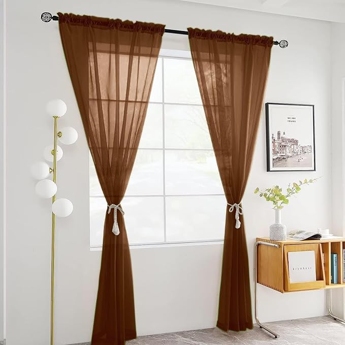 SpaceDresser Sheer Voile Window Treatment Rod Pocket Curtain Panels for Kitchen Bedroom Living Room Drapes Sunlight Filtering Privacy Semi Home Decor Assorted (Brown, 52 W x 90 L)