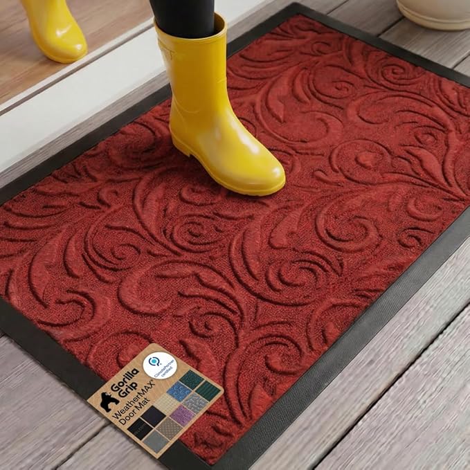 GORILLA GRIP 100% Waterproof All-Season WeatherMAX Doormat 35x23, US Designed Natural Rubber, Stain and Fade Resistant, Low Profile Indoor Outdoor Door Mats, Easy Clean Patio Mat, Red Vintage Wine