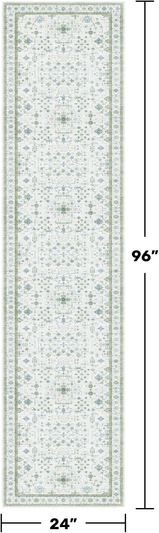 Hazo Haus Washable Oushak 2x8 Bathroom Runner Rug - Vintage Turkish Floral 8ft Long Low Pile Non Slip Runners for Kitchen, Hallway - Cream Blue and Green