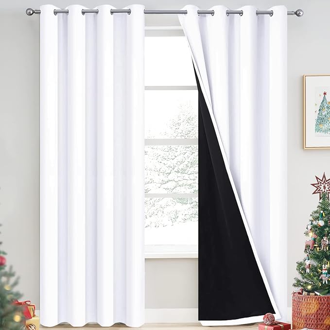Yakamok 2 Thick Layers Pure White 100% Completely Blackout Curtains Thermal Insulated Room Darkening Drapes for Bedroom(52Wx84L, Pure White, One Pair)