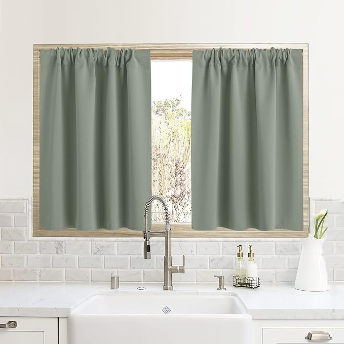 RYB HOME Blackout French Door Window Curtain Covering, Rod Pocket Thermal Insulated Privacy Non See Through Drapes for Bathroom Window, Width 29 by Length 45, Greyish Green, 2 Panels