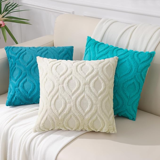 decorUhome Summer Throw Pillow Covers 12x20 Inch Set of 2, Soft Plush Faux Wool Teal Solid Couch Pillow Covers, Accent Farmhouse Neutral Rectangle Pillow Cases for Sofa Bed Living Room