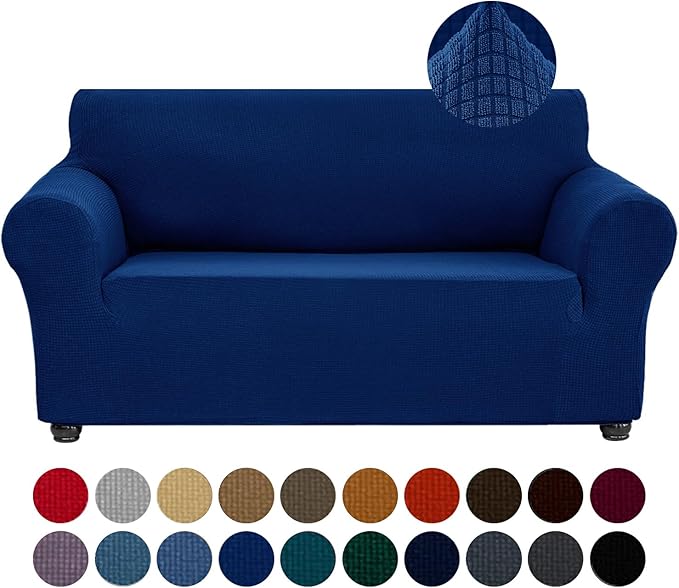 Joccun Stretch Loveseat Couch Cover, 1-Piece Sofa Cover for 2 Cushion Couch Spandex Jacquard Washable Furniture Protector Cover for Living Room,Kids,Pets（Loveseat,Classic Blue）
