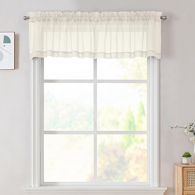 OVZME Cream Sheer Valances for Windows 14 Inch Length 2 Pcs, Light Filtering Short Kitchen Curtains, Top Dual Rod Pocket Small Curtains for Living Room Bedroom Basement, Each 42Wx14L Inches