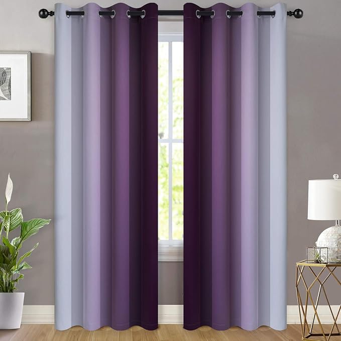 Yakamok Room Darkening Gradient Color Ombre Curtains, Light Blocking Thermal Insulated Grommet Window Drapes for Living Room/Bedroom (Greyish White and Purple, 2 Panels, 52x96 Inch)