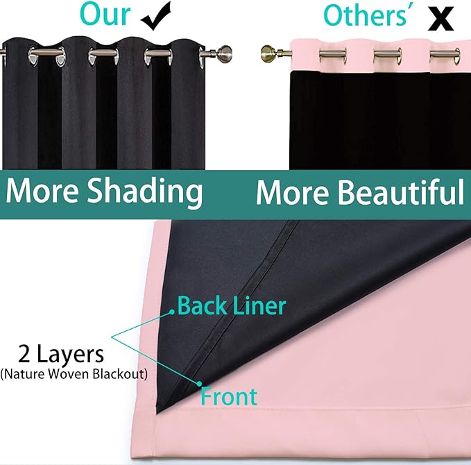 Yakamok Full Blackout Curtains 84 Inches Long,Blackout Curtain Panels for Bedroom, 2 Thick Layers Grommet Top Thermal Insulated Drapes with Black Liner for Living Room(Pink, Set of 2)