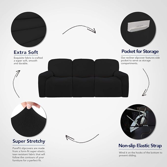 PureFit Super Stretch 3 Seats Recliner Chair Sofa Couch Cover with Pocket – Non Slip Soft Sofa Slipcover, Washable Spandex Reclining Furniture Protector for Kids, Pets (Recliner Sofa, Black)