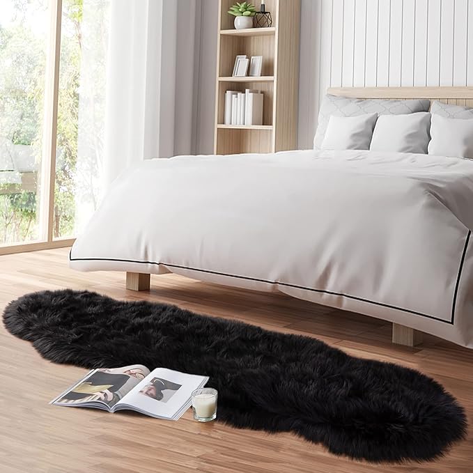 Faux Fur Rug for Bedroom, Fluffy Runner Rugs Soft Sheepskin Rug Sofa Couch Seat Cushion, 2x6ft Black Plush Area Rug Shag Rugs Floor Carpets for Nursery Bedside, Cute Shaggy Fuzzy Home Decor