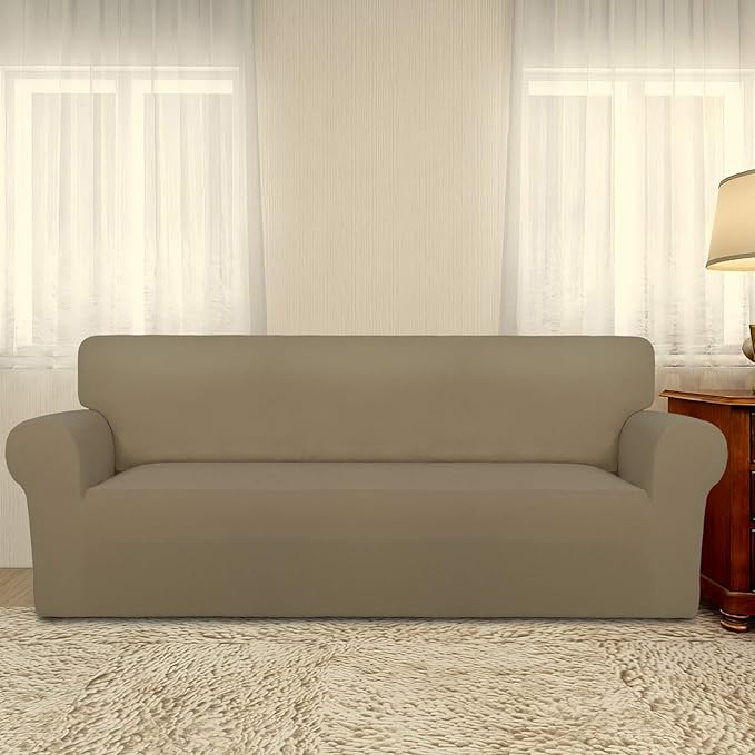 PureFit Super Stretch Sofa Slipcover – Spandex Non Slip Soft Couch Sofa Cover, Washable Furniture Protector with Non Skid Foam and Elastic Bottom for Kids, Pets （Sofa, Tan）