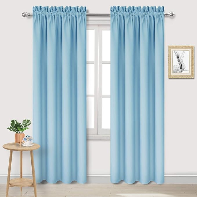 DWCN Blackout Curtains for Bedroom – Thermal Insulated Room Darkening Drapes for Living Room, Light Blue, W 42 x L 84 Inch, Set of 2 Rod Pocket Curtain Panels