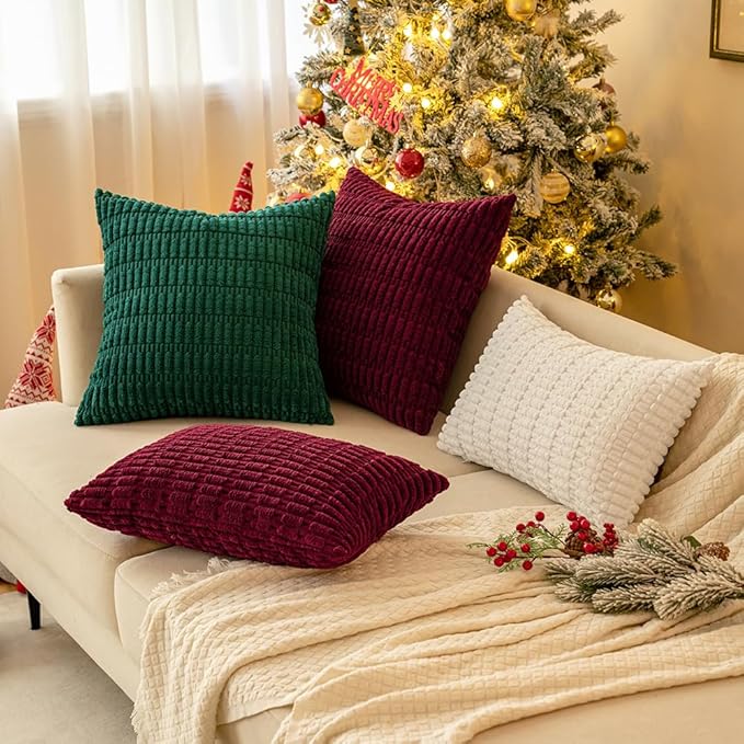 MIULEE Pack of 2 Burgundy Corduroy Decorative Pillow Covers 18x18 Inch Soft Boho Striped Throw Pillow Covers Modern Farmhouse Home Decor for Sofa Living Room Couch Bed