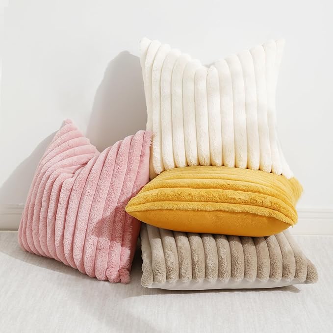 decorUhome Summer Cozy Faux Fur Throw Pillow Covers 16x16 Set of 2 Decorative Soft Plush Striped Modern Farmhouse Boho Couch Pillow Cases with Velvet Back for Sofa Bed Living Room, Mustard Yellow