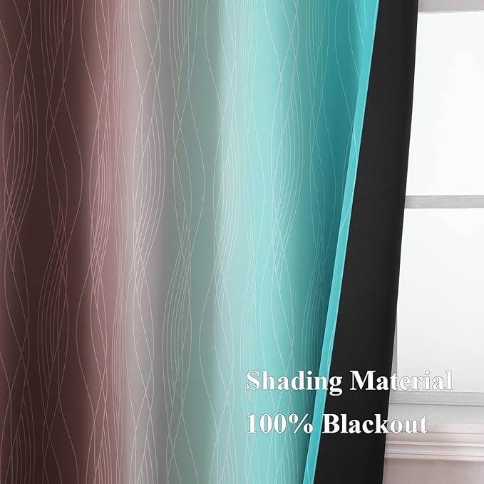 Estelar Textiler Brown and Teal Room Darkening Blackout Curtains 84 Inch Length 2 Panels Set for Living Room, Thermal Insulated Ombre Light Blocking Grommet Blackout Drapes for Bedroom, 42Wx84L