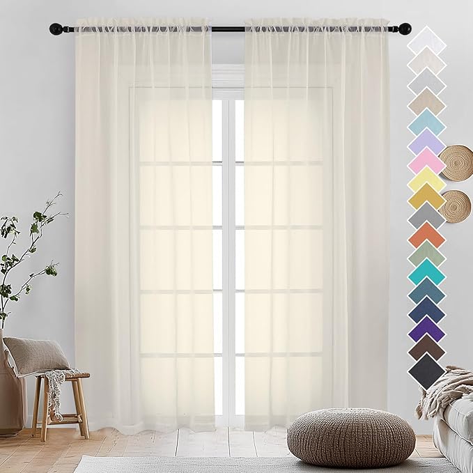 OVZME Cream Sheer Curtains 96 Inches Long 2 Panels - Soft Light Filtering Window Sheer Panels for Living Room/Bedroom, Top Dual Rod Pocket, 1 Pair, Each 42Wx96L Inches.