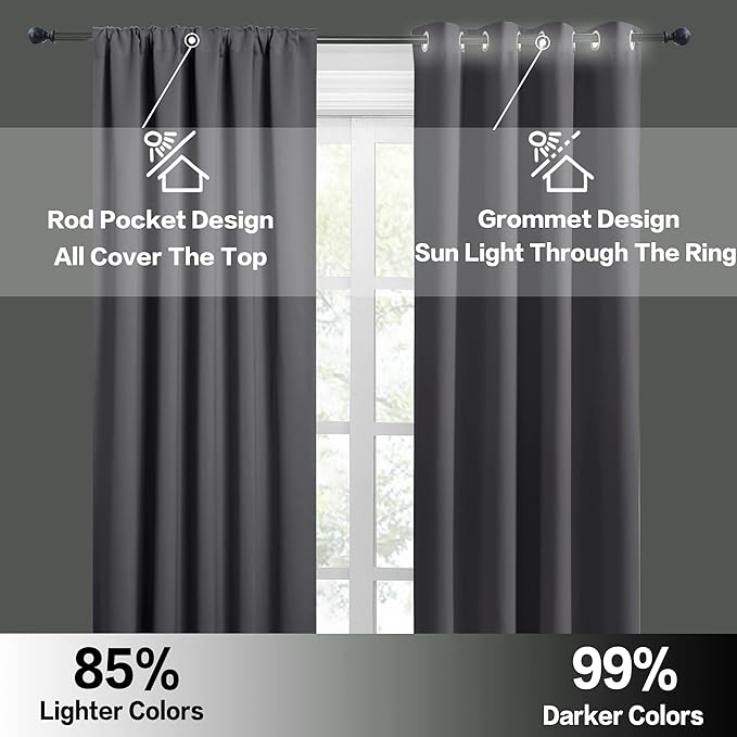 RYB HOME Short Blackout Curtains for Bedroom, Room Darkening Insulated Summer Heat Light UV Blocking Energy Saving Drapes for Nursery, Width 42 by Length 48, Grey, Set of 2
