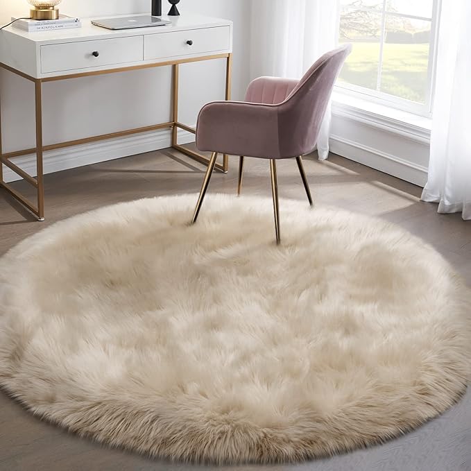 Fluffy Round Rug for Kids Room Beige Circle Faux Fur Area Rug for Bedroom, 4x4 Fuzzy Shag Rugs Furry Nursery Rug Teepee Mat, Circular Plush Floor Carpet