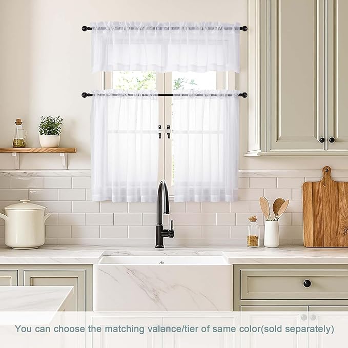 White Valances for Windows 14 inch Length 2 Panels Set, Small Voile Sheer Curtains for Bathroom, Soft Fabric Lightweight Light Filtering Kitchen Curtains, Dual Rod Pocket, 2x42Wx14L Inches