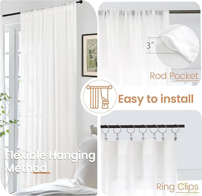 Curtain Panels, White Linen Blend Light-Filtering, 2 Panels 102 Inch Long