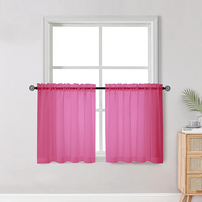 OWENIE Short Hot Pink Sheer Curtains 30 Inch Length 2 Panels Set, Kitchen Curtains Tiers Light Filtering Rod Pocket Cafe Curtain for Basement Bathroom Small Half Window, 42" W x 30" L, Hot Pink