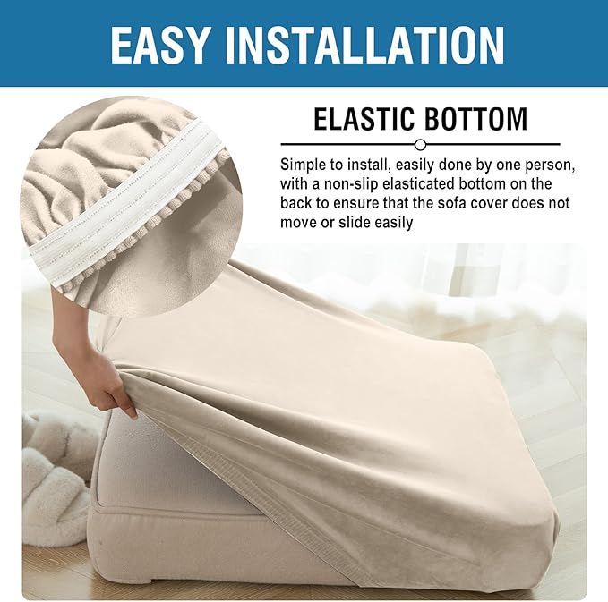 Couch Cover 8-Piece Elastic Velvet Couch Cushion Covers & Chaise Slipcovers for L-Shaped Sofas - Sofa Seat Covers Washable, Soft Protector for Couches (7 Seater + Chaise, Cream)