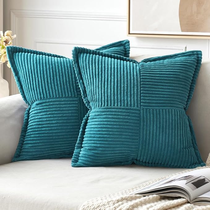 MIULEE Decorative Throw Pillow Covers for Couch Bed Livingroom 18x18 Inch Set of 2 Teal Blue Boho Accent Throw Pllows Broadside Striped Patchwork Soft Corduroy Summer Coastal Pillowcases