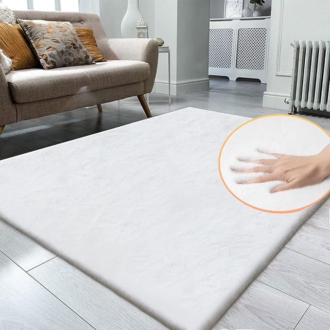ORINOVA White Faux Rabbit Fluffy Fur Area Rugs for Bedroom Living Room Machine Washable Shag Rug 4x6 Nursery Rug Teen Room Decor