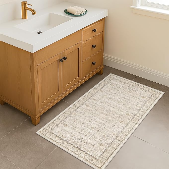 Cream 2x5 Runner Rugs for Bathroom Floor, Geometric Floral Throw Rugs Washable for Entryway, Kitchen, Bedroom, Laundry Room Beige Farmhouse Modern Neutral Home Décor, Low Pile Soft Non Slip Carpet