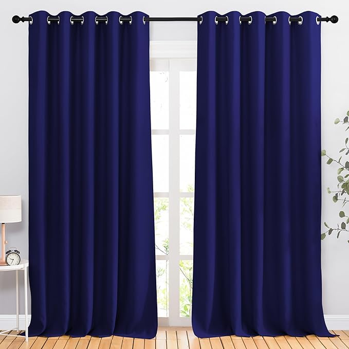 NICETOWN Bedroom Blackout 102 inch Curtains for Sliding Glass Door - Grommet Thermal Insulated Solid Luxury Window Treatments Sound Reducing for Living Room (W66 x L102, Navy Blue, Set of 2)