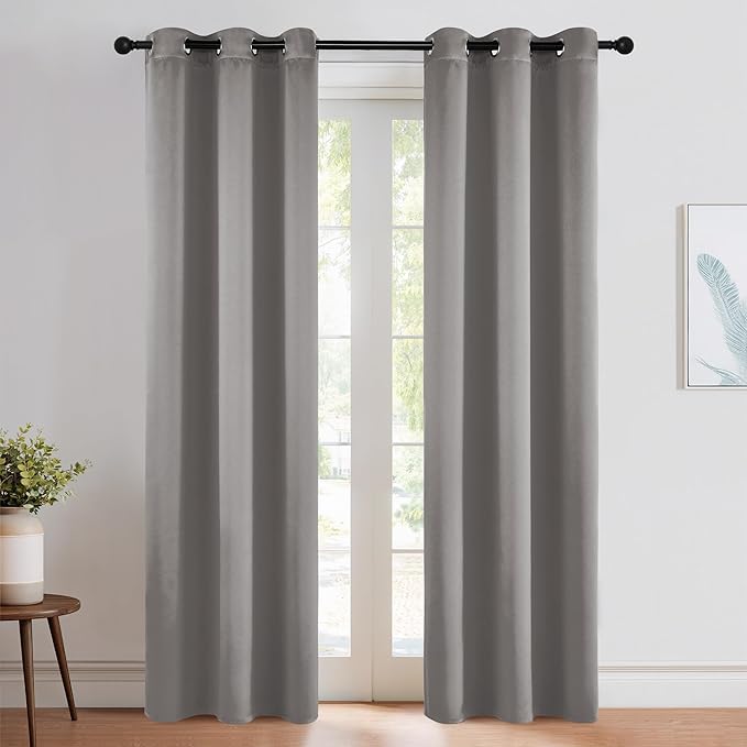 NICETOWN Room Darkening Cafe Satin Curtains for Small Windows, 42" Wide by 84" Long, 2 Panels, Chrome Gray, Grommet Privacy Blackout Drapes for Play Room