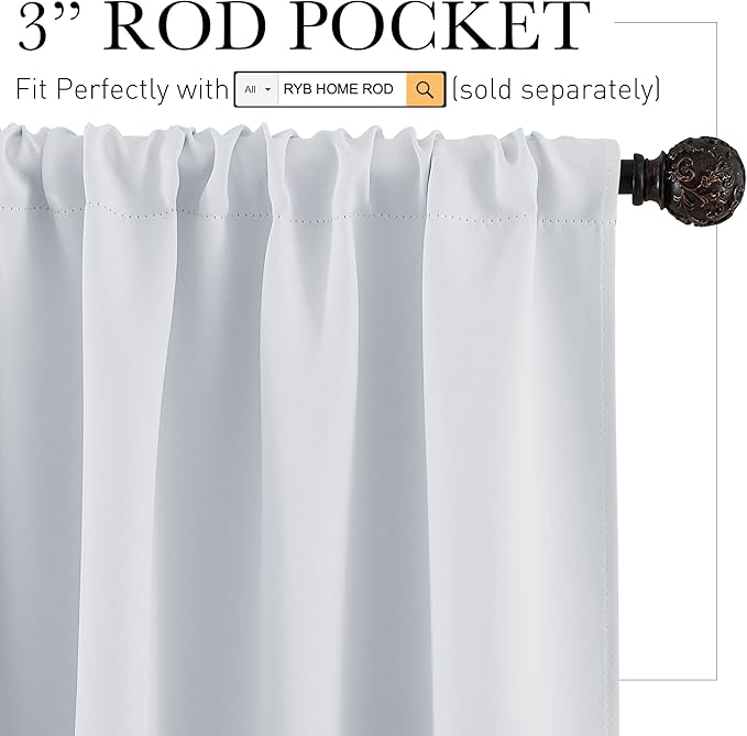 RYB HOME Short Curtains for Bedroom, Room Darkening Insulated Summer Heat Light UV Blocking Energy Saving Drapes for Nursery, Width 34 by Length 45, Greyish White, Set of 2