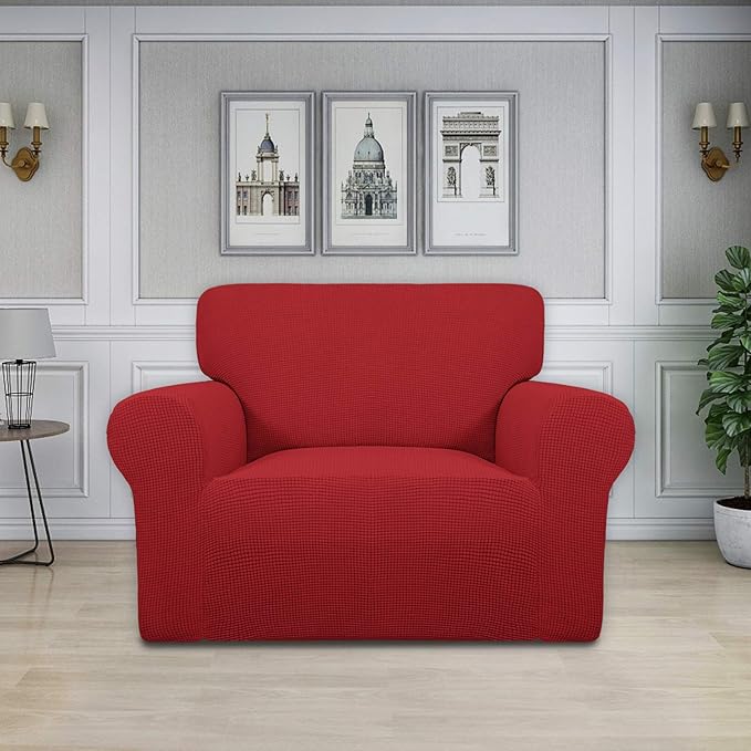 Easy-Going Stretch Oversized Chair Sofa Slipcover 1-Piece Couch Sofa Cover Furniture Protector Soft with Elastic Bottom for Kids Spandex Jacquard Fabric Small Checks Christmas Red