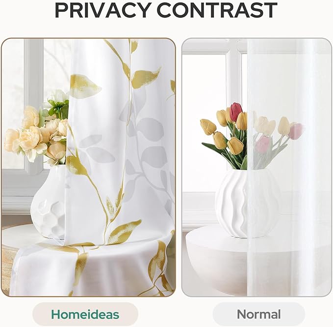HOMEIDEAS Non-See-Through Gold and White Privacy Sheer Curtains 52 X 96 Inches Long 2 Panels, Leaf Floral Printed Light Filtering Semi Sheer Window Curtains Drapes for Bedroom Living Room