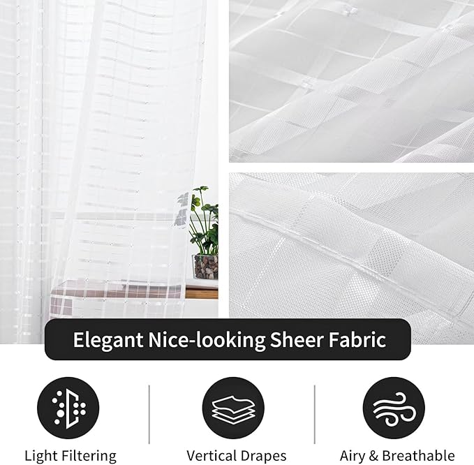 SpaceDresser Check Sheer Curtains 63 Inches Long for Living Room, Rod Pocket Plaid Semi Sheer Drapes for Kitchen Bedroom（White, 52W x 63L）