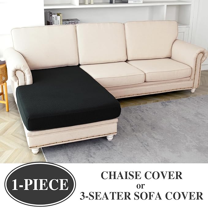 Couch Cushion Cover Chaise Lounge Cover Washable Separate Seat Chaise Couch Cover Stretch Sectional Sofa Slipcover(1 Piece for Chaise or Sofa 3-Seater, Black)