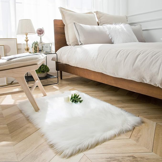 Ashler Home Deco Faux Fur Area Rug, White, 2 x 2.9 ft, Modern, Fluffy, Machine Washable