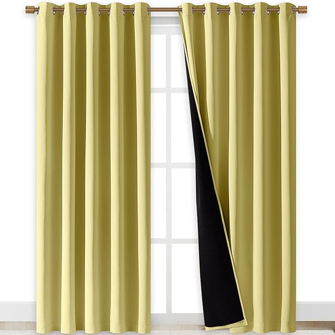 NICETOWN Total Shade Curtains and Draperies, Heavy-Duty Full Light Shading Drapes with Black Liner Backing for Villa/Hall/Dorm Window(Paler Yellow, Package of 2, 70 inches Wide x 95 inches Long)