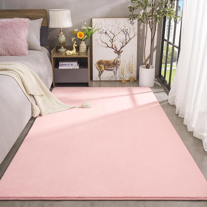 Amearea Large Modern Area Rugs for Bedroom Living Room, 5x8 Feet Pink Thickened Memory Foam Rug, Fluffy Indoor Washable Rugs Non Slip Minimalist Carpet for Boys Girls Dorm Nursery Room Decor