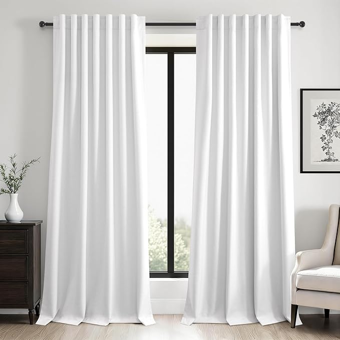 96 inch long Linen blackout curtains 2 Panels 100% Black out Linen texture Curtains ivory white Window Drapes with Back Tab Rod Pocket Mordern vintage Curtains Panel for Bedroom Living Room 8FT