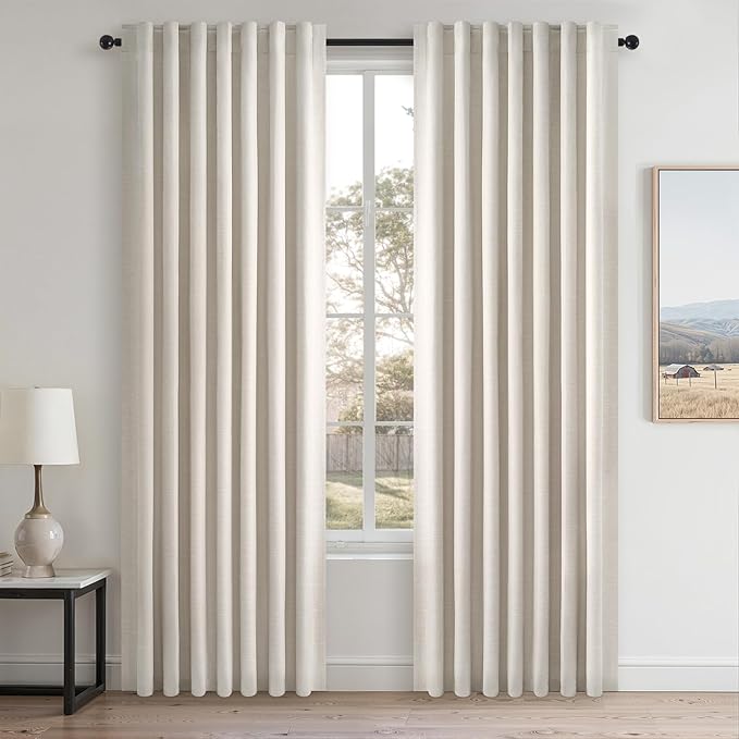 Topfinel 80 Inch Long Linen Blackout Curtains 2 Panels Set for Bedroom Back Tab Rod Pocket Pleated Boho Farmhouse Room Darkening Curtains for Sliding Glass Door,Cream Ivory, 52x80 in Length