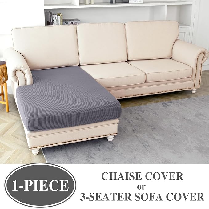 Couch Cushion Cover Chaise Lounge Cover Washable Separate Seat Chaise Couch Cover Stretch Sectional Sofa Slipcover(1 Piece for Chaise or Sofa 3-Seater, Light Grey)