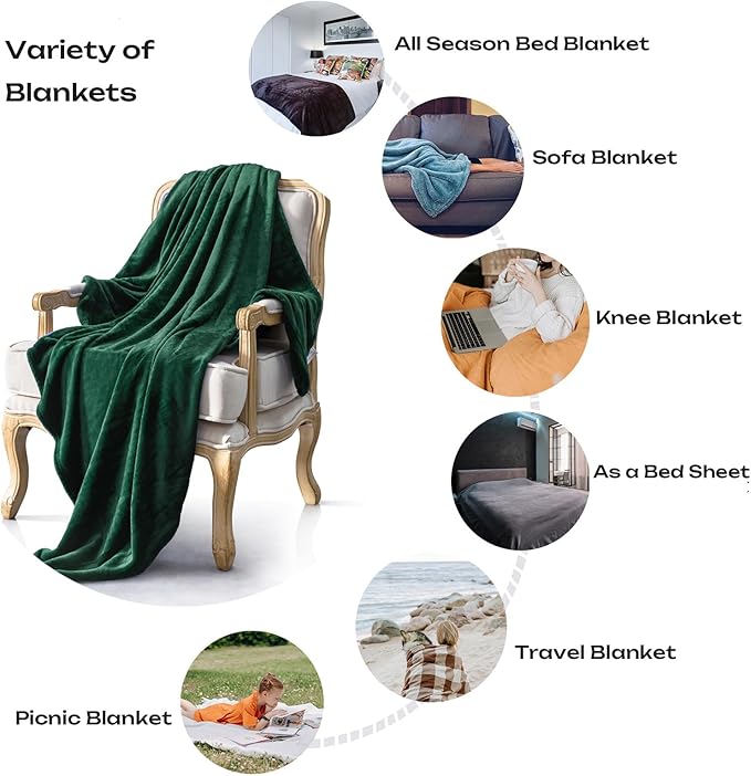 JIAHANNHA Flannel Fleece Blanket Throw Size(60 by 80 Inches),Green Throw Blanket for Couch Sofa Bed 280GSM,Super Soft Plush Cozy and Lightweight Warm Bed Blanket for All Season